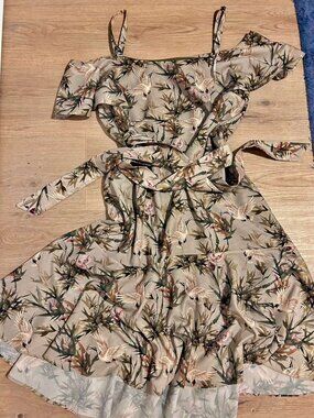 Romantic Off-Shoulder Midi Dress | Sage Green Crane & Floral Print | Belted Wais